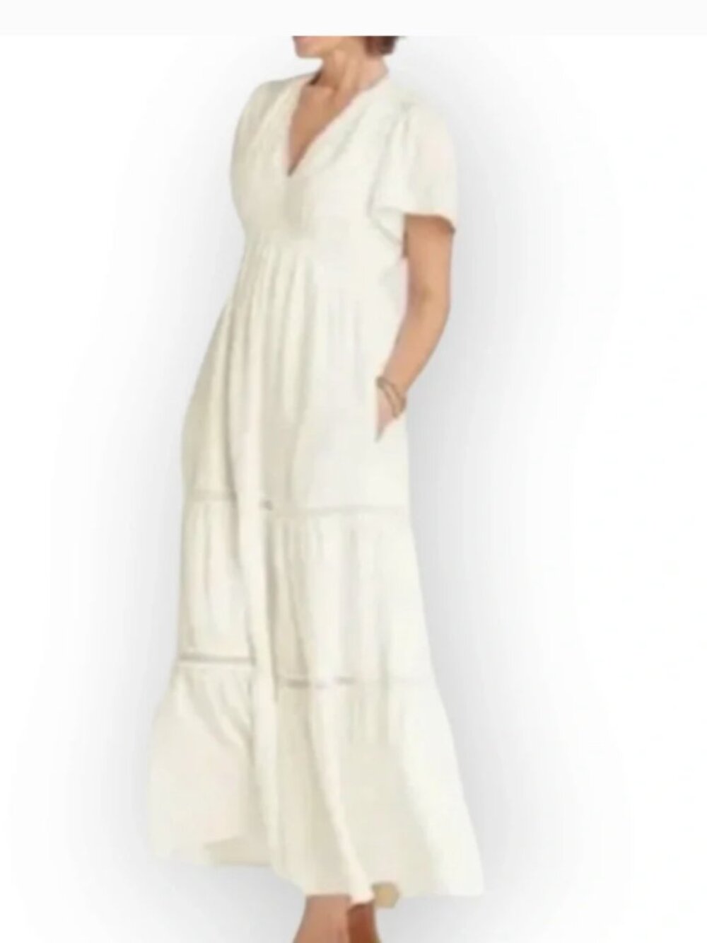KNOX ROSE White Swiss Dot V Neck Tiered Maxi Dress Mesh Inset Size XS